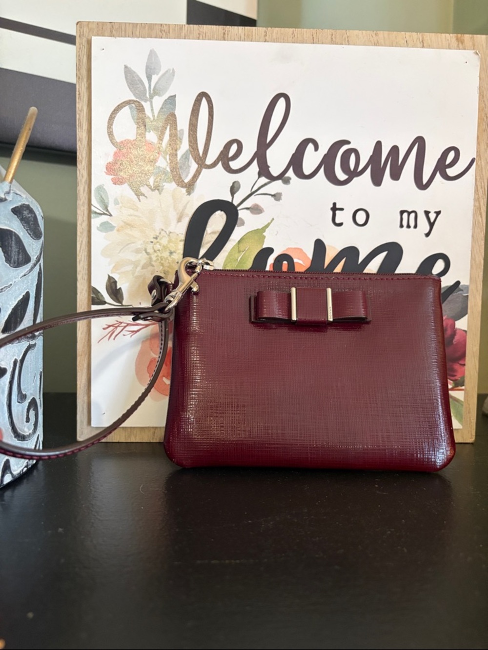 Coach Burgundy Patent‎ Leather Wristlet Clutch with Bow